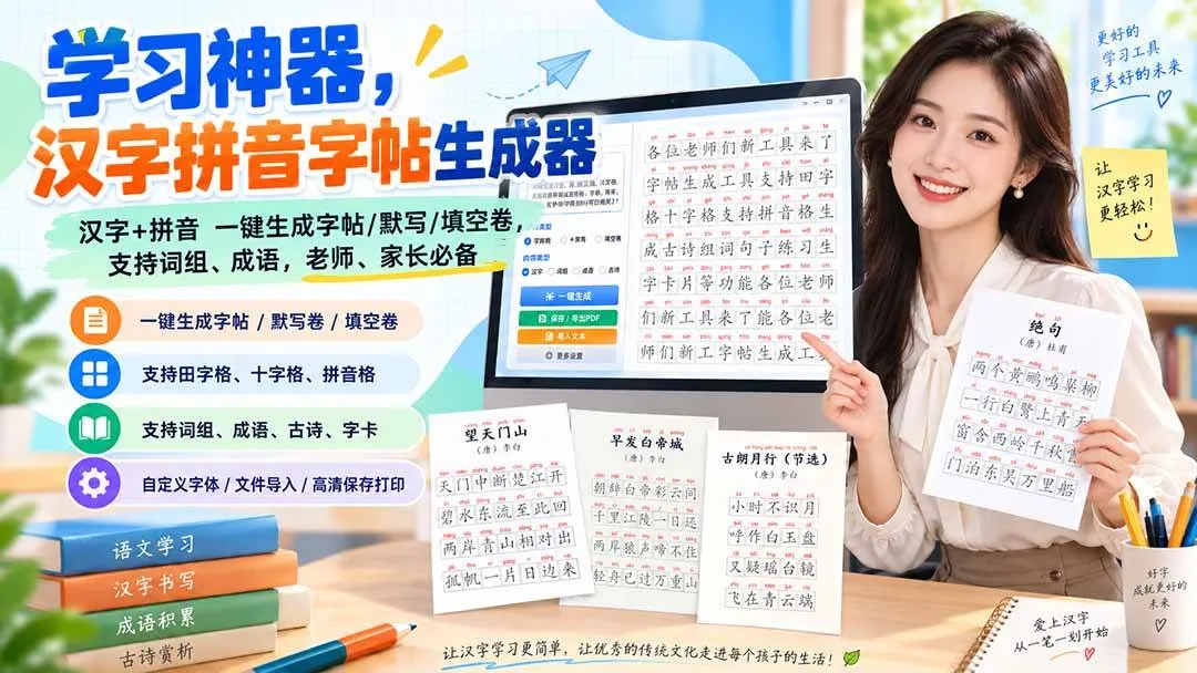 （20299期）学习神器，汉字拼音字帖生成器，汉字+拼音 一键生成字帖/默写/填空卷，支持词组、成语，老师、家长必备-梦帆创业网