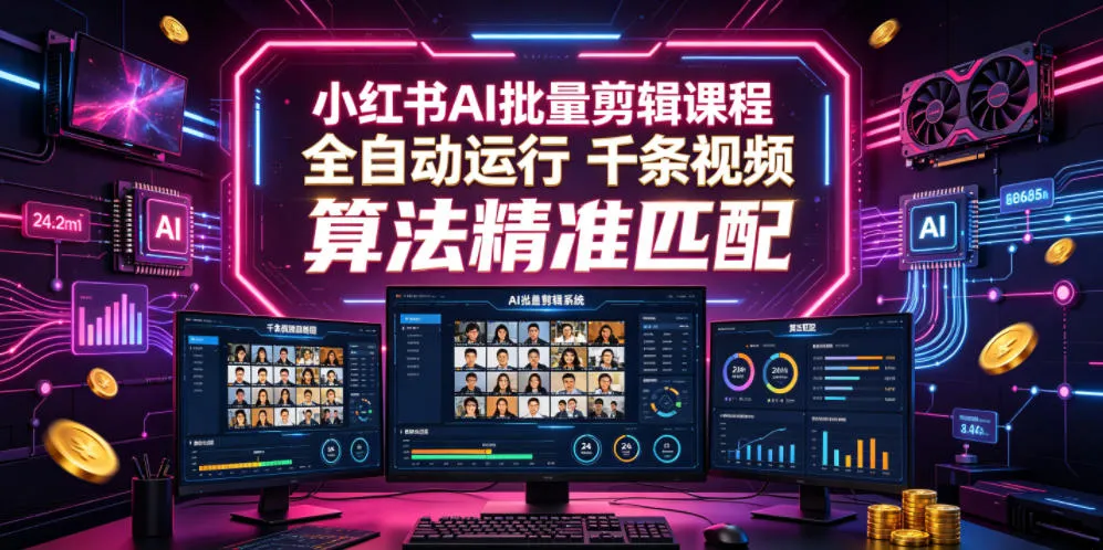 小红书AI批量剪辑课程，24小时全自动运行，解放双手专注运营，千条视频批量处理，小红书算法精准匹配-梦帆创业网