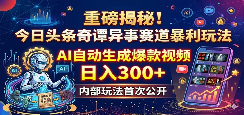 重磅揭秘!今日头条奇谭异事赛道暴利玩法:AI自动生成爆款视频,日入300+ 重磅揭秘!今日头条奇谭异事赛道暴利玩法:AI自动生成爆款视频,日入300+
