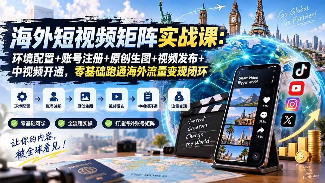（20470期）海外短视频矩阵实战课：环境配置+账号注册+原创生图+视频发布+中视频开通，零基础跑通海外流量变现闭环-梦帆创业网