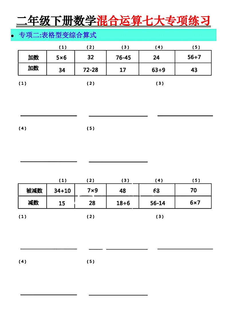 二年级下册数学混合运算七大专项练习-梦帆创业网