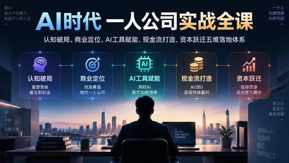 AI时代一人公司实战全课|认知破局、商业定位、AI工具赋能、现金流打造、资本跃迁五维落地体系 AI时代一人公司实战全课|认知破局、商业定位、AI工具赋能、现金流打造、资本跃迁五维落地体系