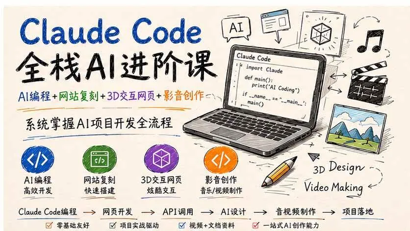(20188期)Claude Code全栈AI进阶课-更新;AI编程+网站复刻+3D交互网页+影音创作,系统掌握AI项目开发全流程 (20188期)Claude Code全栈AI进阶课-更新;AI编程+网站复刻+3D交互网页+影音创作,系统掌握AI项目开发全流程