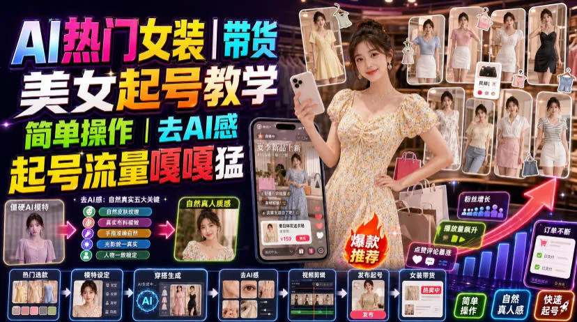 AI热门女装带货丨美女起号教学，简单操作，去AI感，起号流量嘎嘎猛-梦帆创业网