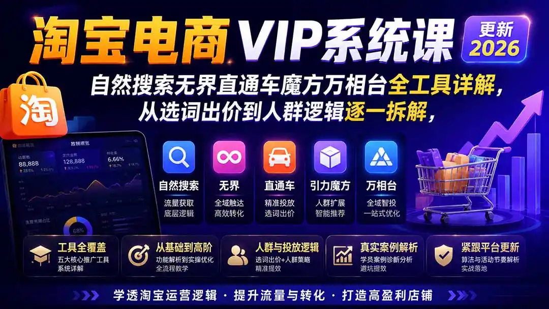 2026淘宝电商终局之战VIP课-更新1029：自然搜索+直通车+无界+精准人群，系统掌握测款动销与全店推广布局方法-梦帆创业网