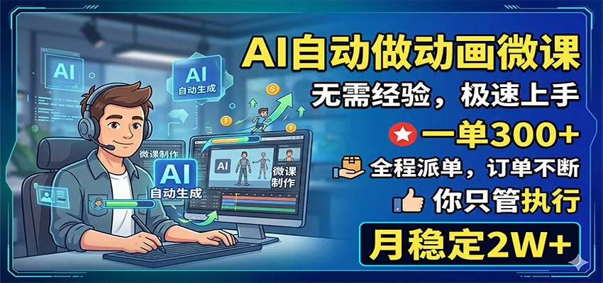 AI自动做动画微课，一单300+，全程派单，你只管执行，月稳定2W+-梦帆创业网