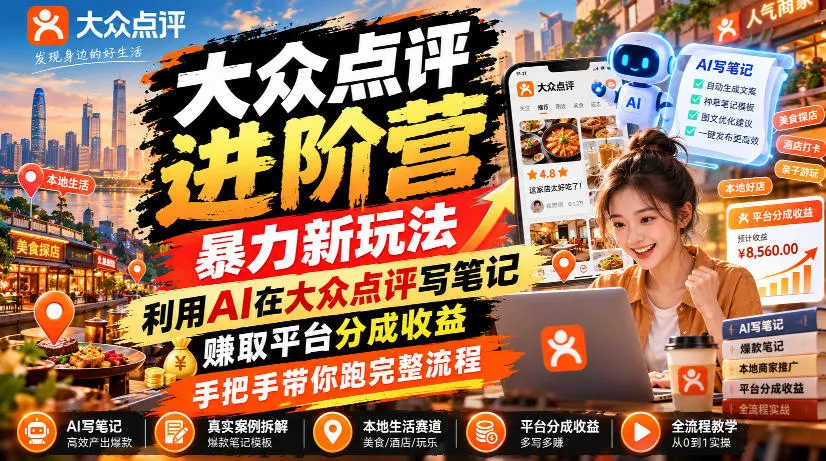 大众点评进阶营，暴力新玩法，利用AI在大众点评写笔记， 賺取平台分成收益，手把手带你跑完整流程-梦帆创业网