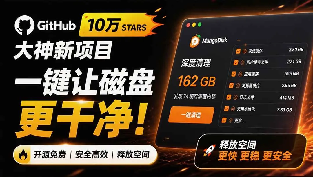 （19894期）在Gtihub上做出10万 stars 的大神，又发布新项目了！一键让磁盘更干净，开源免费清理工具 MangoDisk-梦帆创业网