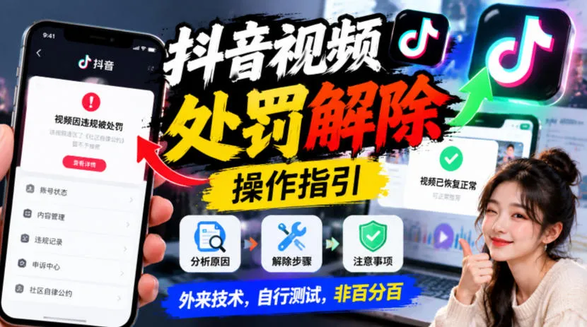 抖音视频处罚解除操作指引，外来技术，自行测试，非百分百-梦帆创业网