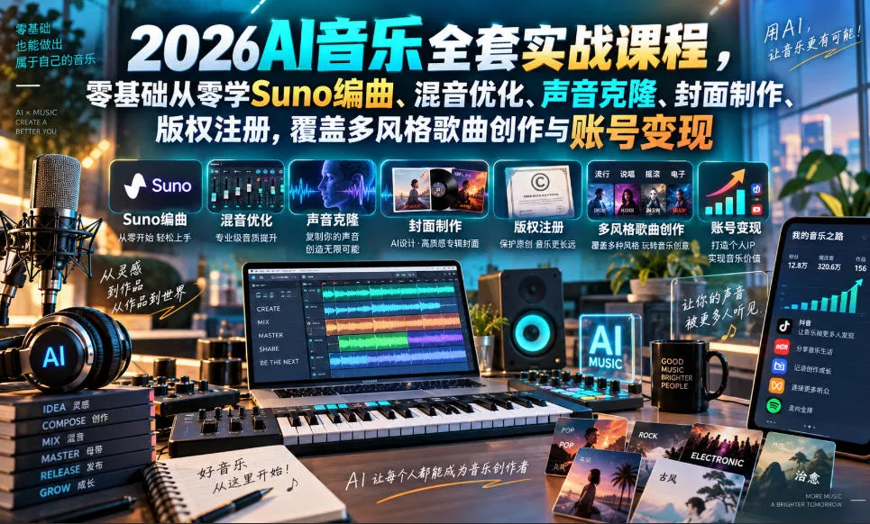 2026AI音乐实战课程,零基础从零学Suno编曲、混音优化、声音克隆、版权注册,覆盖多风格歌曲创作与账号变现 2026AI音乐实战课程,零基础从零学Suno编曲、混音优化、声音克隆、版权注册,覆盖多风格歌曲创作与账号变现