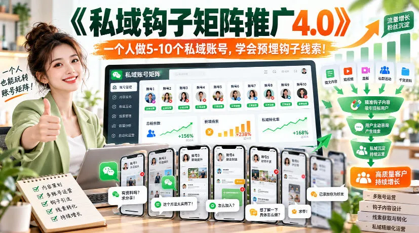 【无水印】《私域钩子矩阵推广4.0》一个人做5-10个私域账号，学会预埋钩子线索！-梦帆创业网