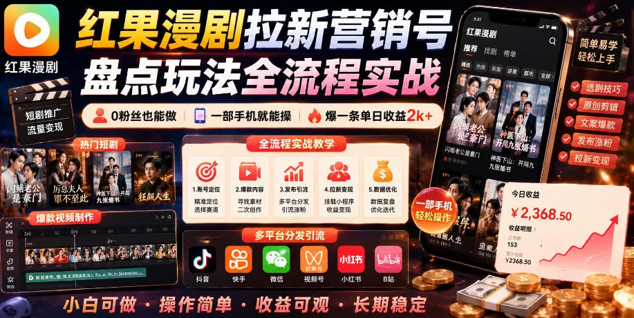 红果漫剧拉新营销号盘点玩法全流程实战，0粉丝也能做，一部手机就能做，爆一条单日收益2k+（更新0922）-梦帆创业网