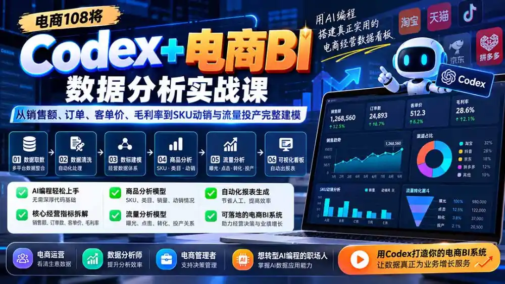 Codex+电商BI数据分析实战课-更新1026：从销售额、订单、客单价、毛利率到SKU动销与流量投产完整建模-梦帆创业网