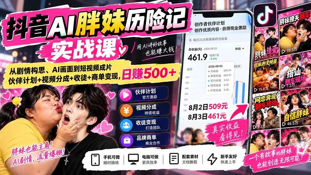 （20489期）抖音AI胖妹历险记实战课：从剧情构思、AI画面到短视频成片，伙伴计划+视频分成+收徒+商单变现，日赚500+