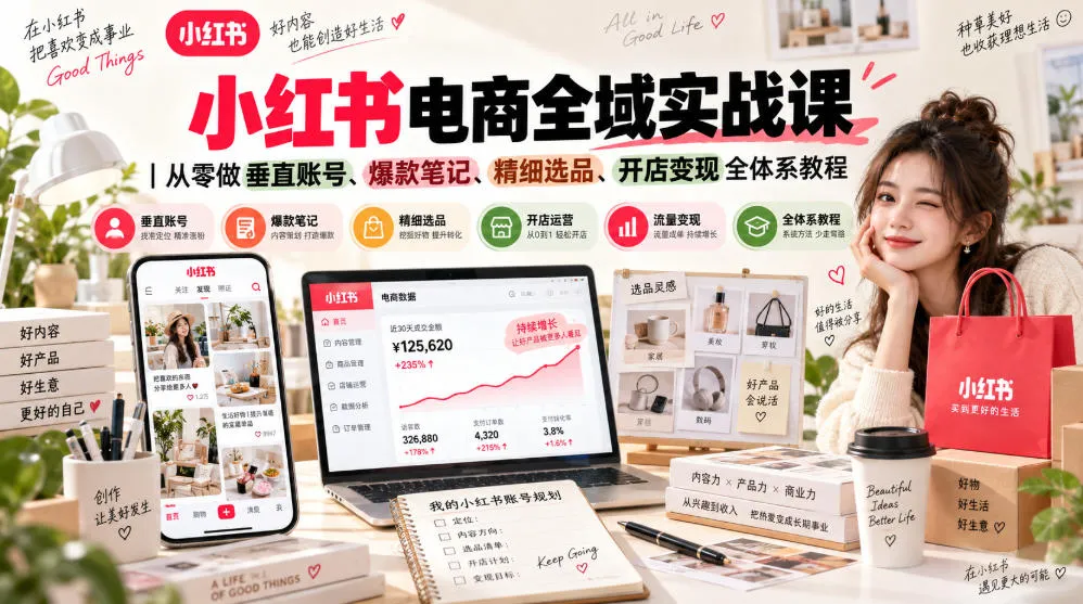 小红书电商全域实战课｜从零做垂直账号、爆款笔记、精细选品、开店变现全体系教程-梦帆创业网