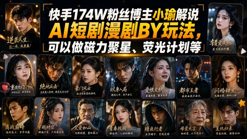 快手174W粉丝博主小瑜解说AI短剧漫剧搬运玩法，可以做磁力聚星、荧光计划等-梦帆创业网
