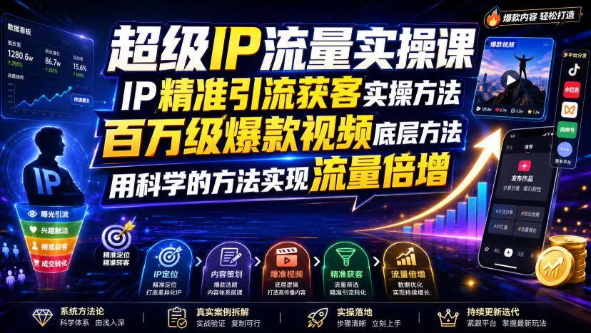 超级IP流量实操课，IP精准引流获客实操方法，百万级爆款视频底层方法，用科学的方法实现流量倍增-梦帆创业网