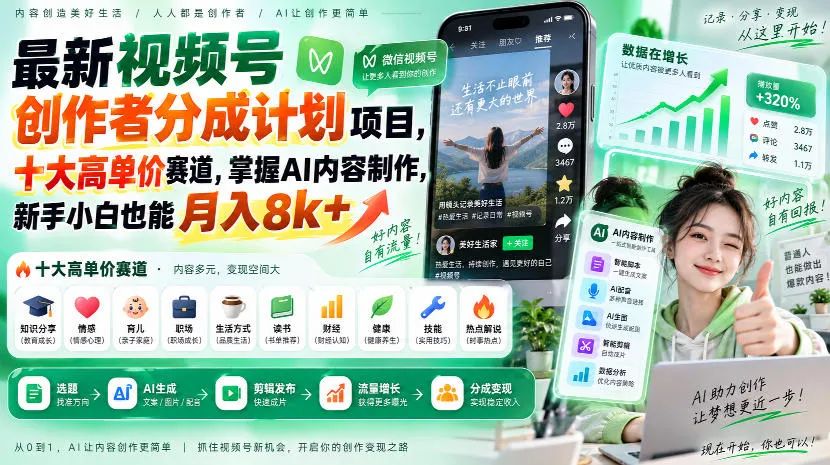 最新视频号创作者分成计划项目，十大高单价赛道，掌握AI内容制作，新手小白也能月入8k+-梦帆创业网