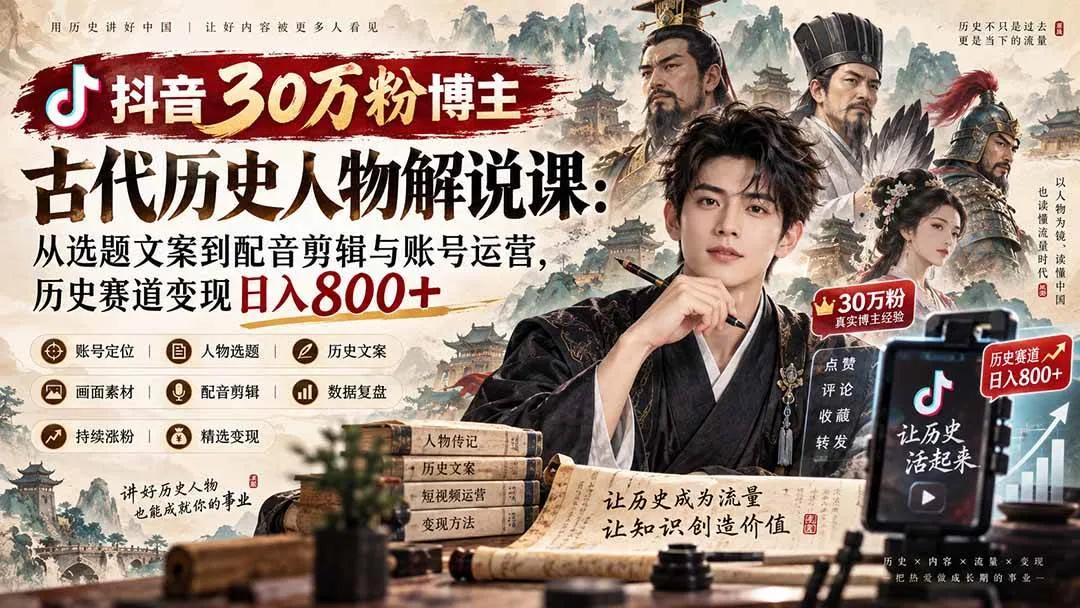 （20441期）抖音30万粉博主古代历史人物解说课：从选题文案到配音剪辑与账号运营，历史赛道变现日入800+-梦帆创业网