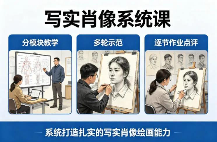写实肖像系统课，全程分模块教学+多轮示范+逐节作业点评，系统打造扎实的写实肖像绘画能力-梦帆创业网