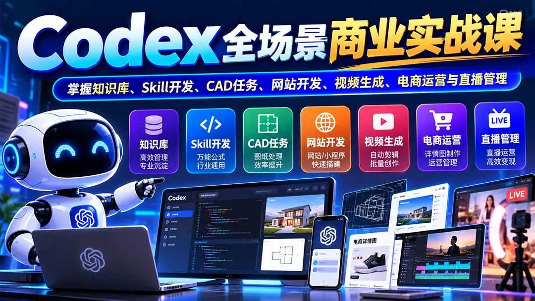 （20712期）【无水印】Codex全场景商业实战课：掌握知识库、Skill开发、CAD任务、网站开发、视频生成、电商运营与直播管理-梦帆创业网