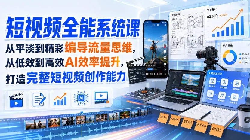 短视频全能系统课，从平淡到精彩编导流量思维，从低效到高效AI效率提升，打造完整短视频创作能力（2026年8月30更新233集）-梦帆创业网