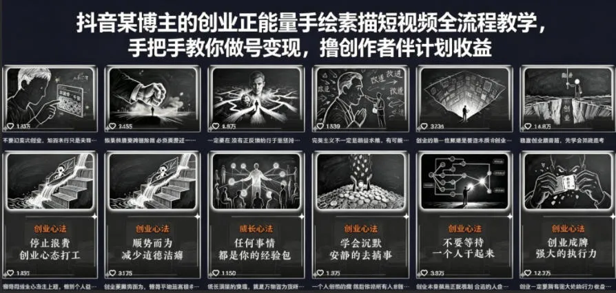 抖音某博主的创业正能量手绘素描短视频全流程教学，手把手教你做号变现，撸创作者伙伴计划收益-梦帆创业网