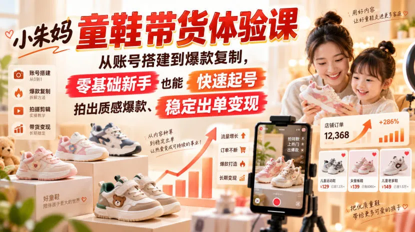 小朱妈童鞋带货体验课，从账号搭建到爆款复制，零基础新手也能快速起号、拍出质感爆款、稳定出单变现-梦帆创业网