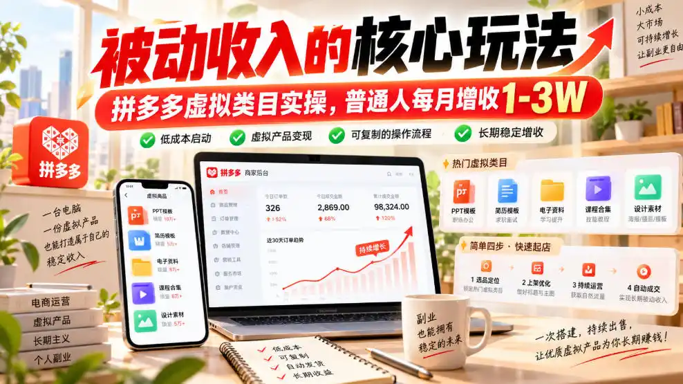 被动收入的核心玩法,拼多多虚拟类目实操,普通人每月增收1-3W【揭秘】