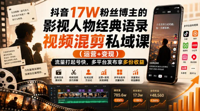 抖音17W粉丝博主的影视人物经典语录视频混剪私域课（运营+变现)，流量大起号快，多平台发布拿多份收益-梦帆创业网