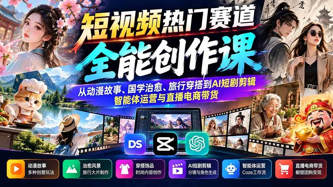 （20956期）短视频热门赛道全能创作课：从动漫故事、国学治愈、旅行穿搭到AI短剧剪辑、智能体运营与直播电商带货-梦帆创业网