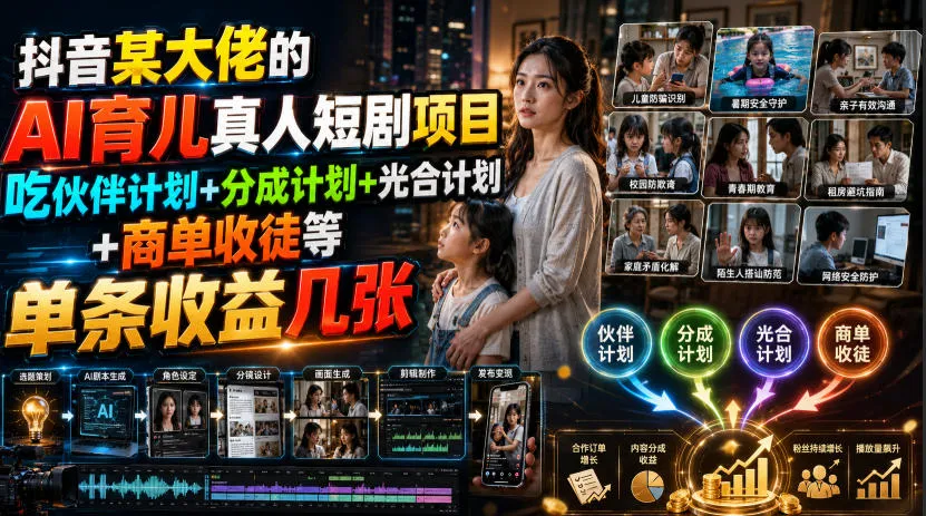 抖音某大佬的AI育儿真人短剧项目，吃伙伴计划+分成计划+光合计划+商单收徒等，单条收益几张-梦帆创业网