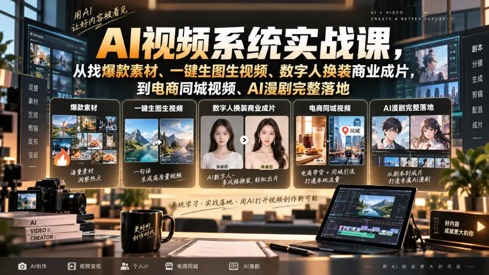 AI视频系统实战课，从找爆款素材、一键生图生视频、数字人换装商业成片，到电商同城视频、AI漫剧完整落地-梦帆创业网