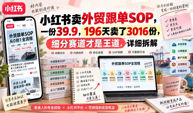 小红书卖外贸跟单sop,一份39.9,196天卖了3016份,细分赛道才是王道,详细拆解 小红书卖外贸跟单sop,一份39.9,196天卖了3016份,细分赛道才是王道,详细拆解