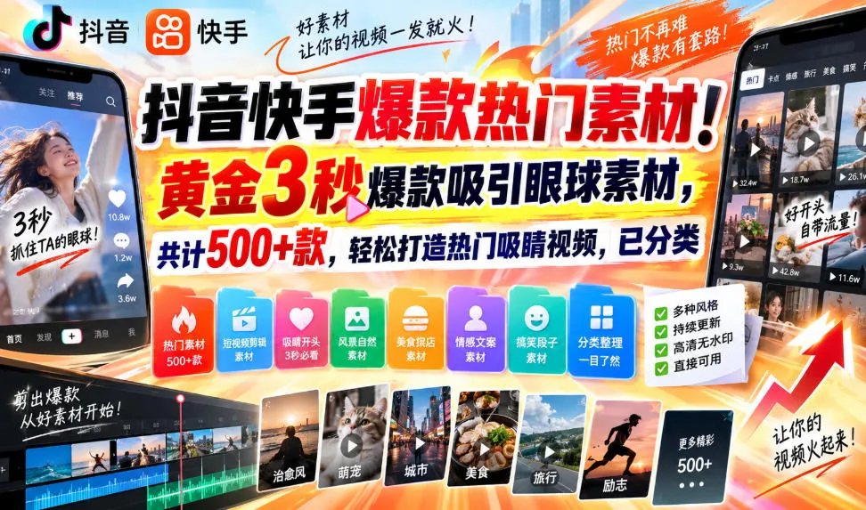 抖音快手爆款热门素材！黄金3秒爆款吸引眼球素材，共计500+款，轻松打造热门吸睛视频，已分类-梦帆创业网