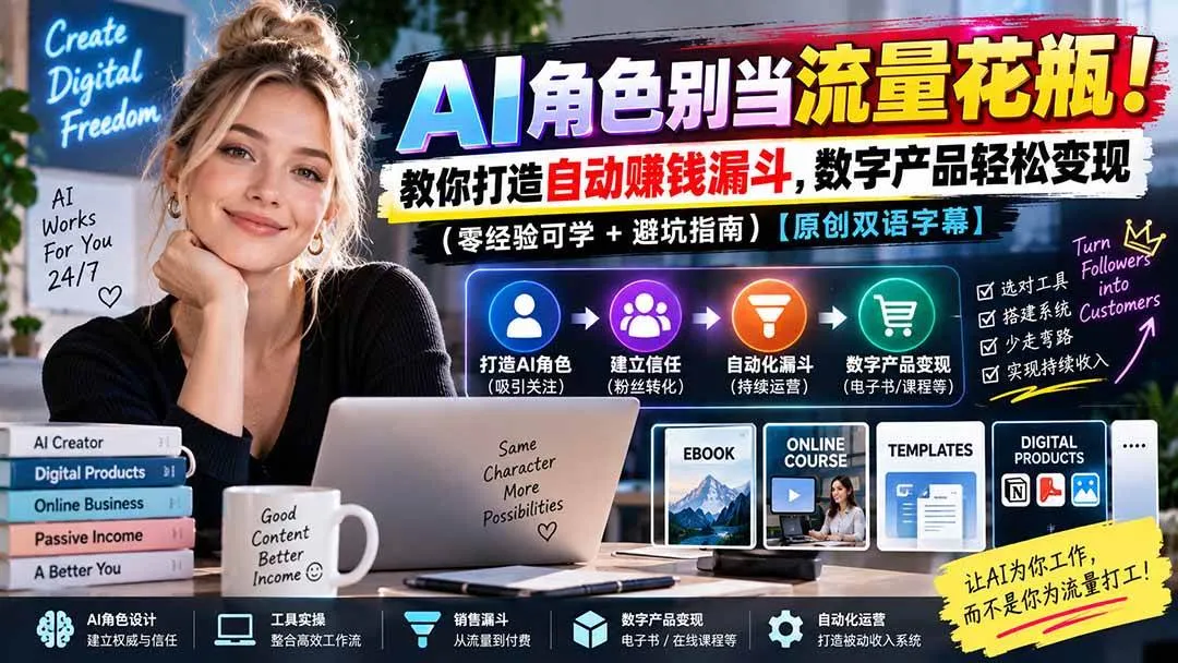 （20475期）AI角色别当流量花瓶！教你打造自动赚钱漏斗，数字产品轻松变现（零经验可学+避坑指南）【原创双语字幕】-梦帆创业网