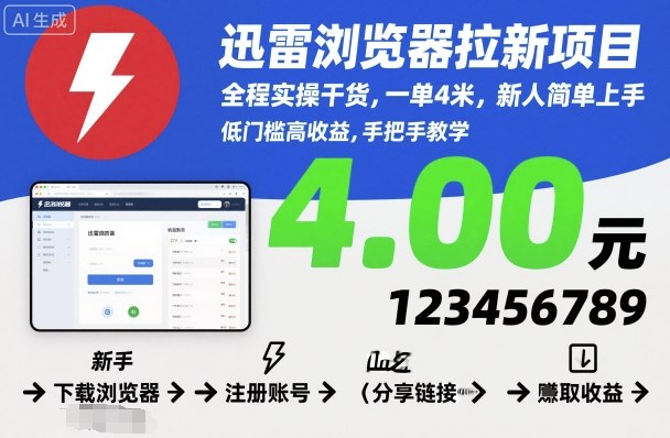 迅雷浏览器拉新项目，全程实操干货，一单4米，新人简单上手-梦帆创业网