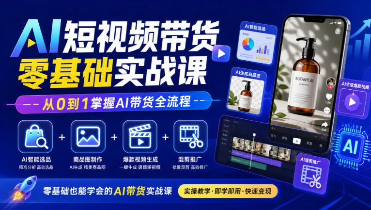 AI短视频带货零基础实战课｜AI智能选品+商品图制作+爆款视频生成+混剪推广，从0到1掌握AI带货全流程-梦帆创业网