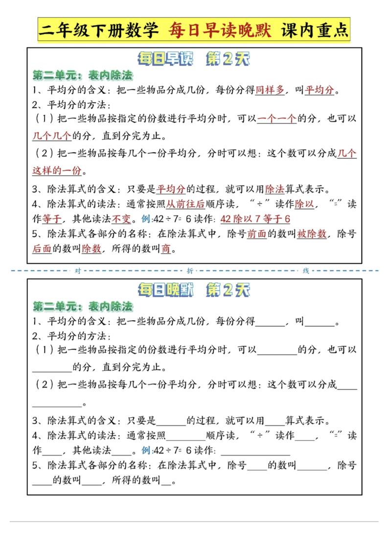 二年级下数学重点每日早读晚默（14页）-高清无水印完整版本-梦帆创业网