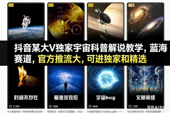 抖音某大V独家宇宙科普解说教学，蓝海赛道，官方推流大，可进独家和精选-梦帆创业网