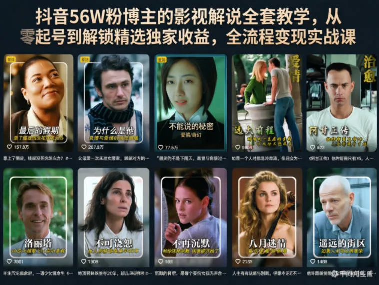 抖音56W粉博主的影视解说全套教学，从零起号到解锁精选独家收益，全流程变现实战课-梦帆创业网