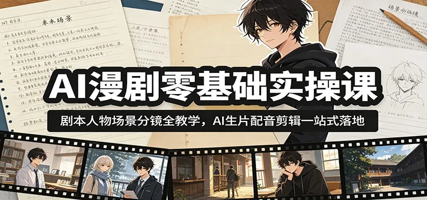 AI漫剧零基础实操课：剧本人物场景分镜全教学，AI生片配音剪辑一站式落地-梦帆创业网