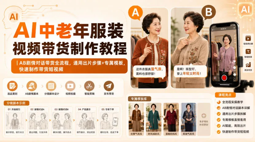 AI中老年服装视频带货制作教程｜AB剧情对话带货全流程，通用出片步骤+专属模板，快速制作带货短视频-梦帆创业网