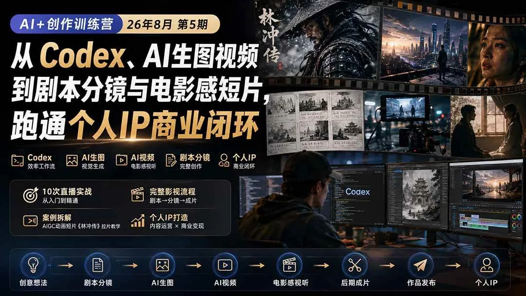 (20145期)AI+创作训练营26年8月第5期:从Codex、AI生图视频到剧本分镜与电影感短片,跑通个人IP商业闭环 (20145期)AI+创作训练营26年8月第5期:从Codex、AI生图视频到剧本分镜与电影感短片,跑通个人IP商业闭环
