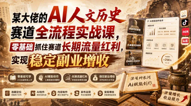 某大佬的AI人文历史赛道全流程实战课,零基础抓住赛道长期流量红利,实现稳定副业增收 某大佬的AI人文历史赛道全流程实战课,零基础抓住赛道长期流量红利,实现稳定副业增收