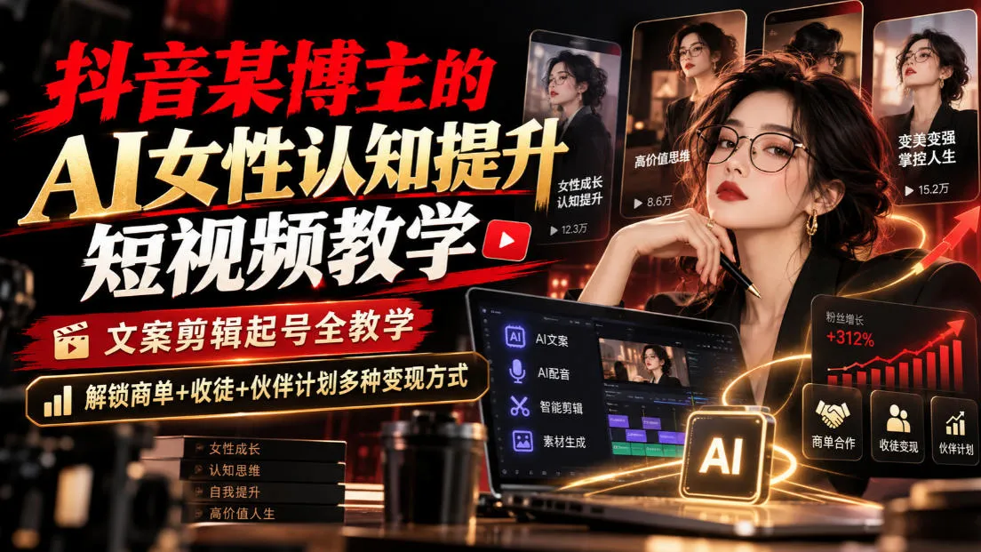 抖音某博主的Ai女性认知提升短视频教学，文案剪辑起号全教学，解锁商单+收徒+伙伴计划多种变现方式-梦帆创业网