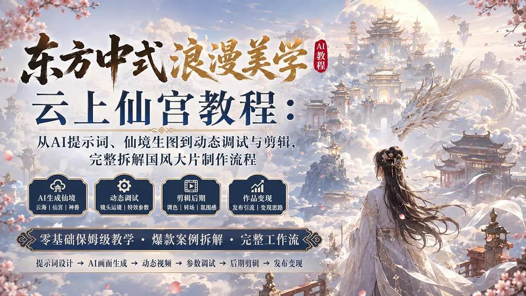 （20147期）东方中式浪漫美学云上仙宫教程：从AI提示词、仙境生图到动态调试与剪辑，完整拆解国风大片制作流程-梦帆创业网