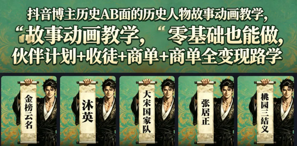 抖音博主历史AB面的历史人物故事动画教学，零基础也能做，伙伴计划+收徒+商单全变现路径教学-梦帆创业网