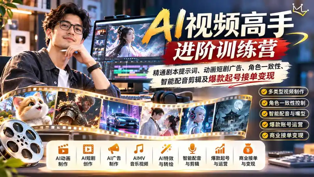 AI视频高手进阶训练营：精通剧本提示词、动画短剧广告、角色一致性、智能配音剪辑及爆款起号接单变现-梦帆创业网
