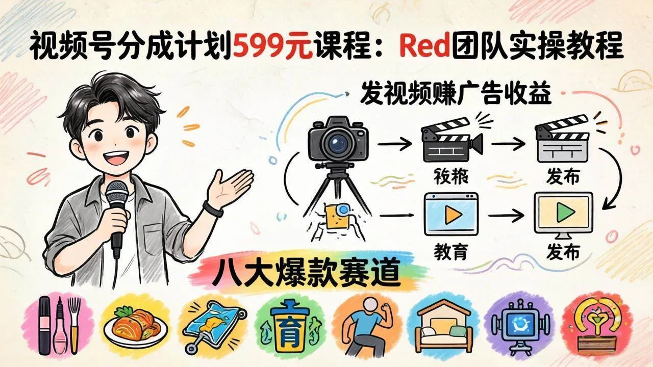（18088期）视频号分成计划599元课程：Red团队实操教程，发视频赚广告收益，八大爆款赛道全掌握-梦帆创业网